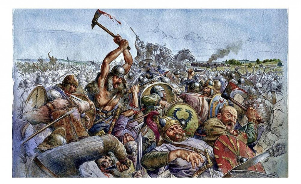 Novodob&aacute; ilustr&aacute;cia zn&aacute;zorňuj&uacute;ca sc&eacute;nu z bitky na Katalaunsk&yacute;ch poliach.