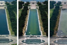 Z&aacute;bery z 12., 16. a 18. j&uacute;na

A combination of pictures show the renovations of the Reflecting Pool taken June 12, June 16 and June 18, 2026, which was painted blue at the directive of U.S. President Donald Trump, ahead of the 250th anniversary of U.S. Independence, in Washington, D.C., U.S. REUTERS/Eric Lee/Evan Vucci/Annabelle Gordon