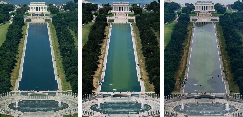 Z&aacute;bery z 12., 16. a 18. j&uacute;na

A combination of pictures show the renovations of the Reflecting Pool taken June 12, June 16 and June 18, 2026, which was painted blue at the directive of U.S. President Donald Trump, ahead of the 250th anniversary of U.S. Independence, in Washington, D.C., U.S. REUTERS/Eric Lee/Evan Vucci/Annabelle Gordon