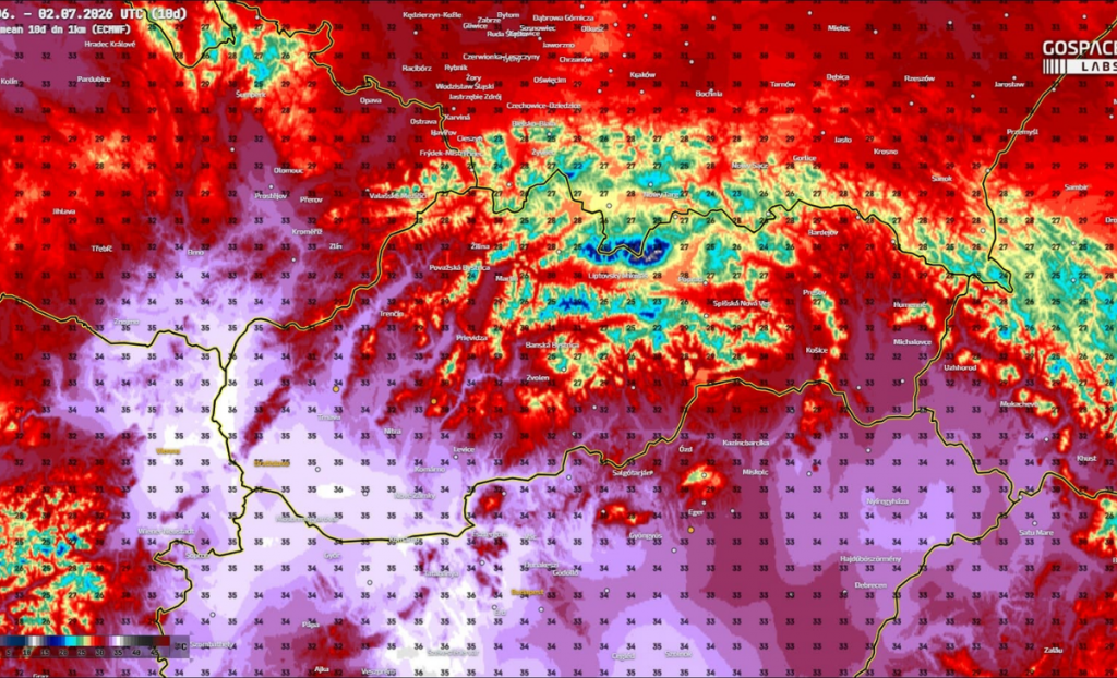 Hor&uacute;čavy na Slovensku zosilnej&uacute; a bud&uacute; atakovať 40 stupňov. MAPA: Miroslav &Scaron;inger/GOSPACE/Atmoseer app