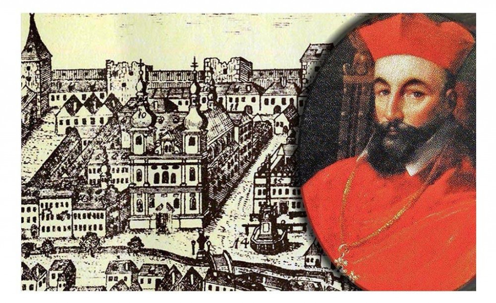 Objekty univerzity na panoramatickej vedute Trnavy zo začiatku 40. rokov 18. storočia (autorom drevorezu bol Jozef J&auml;ger). Vpravo, na portr&eacute;te zo 17. storočia, je zakladateľ Trnavskej univerzity kardin&aacute;l Peter P&aacute;zmaň.