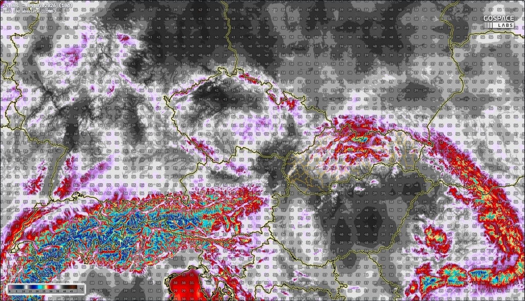 Na mape je zobrazen&aacute; najvy&scaron;&scaron;ia zaznamenan&aacute; teplota vzduchu za najbliž&scaron;&iacute;ch 10 dn&iacute; v r&aacute;mci &scaron;ir&scaron;ej strednej Eur&oacute;py. MAPA: GOSPACE LABS, ECMWF IFS