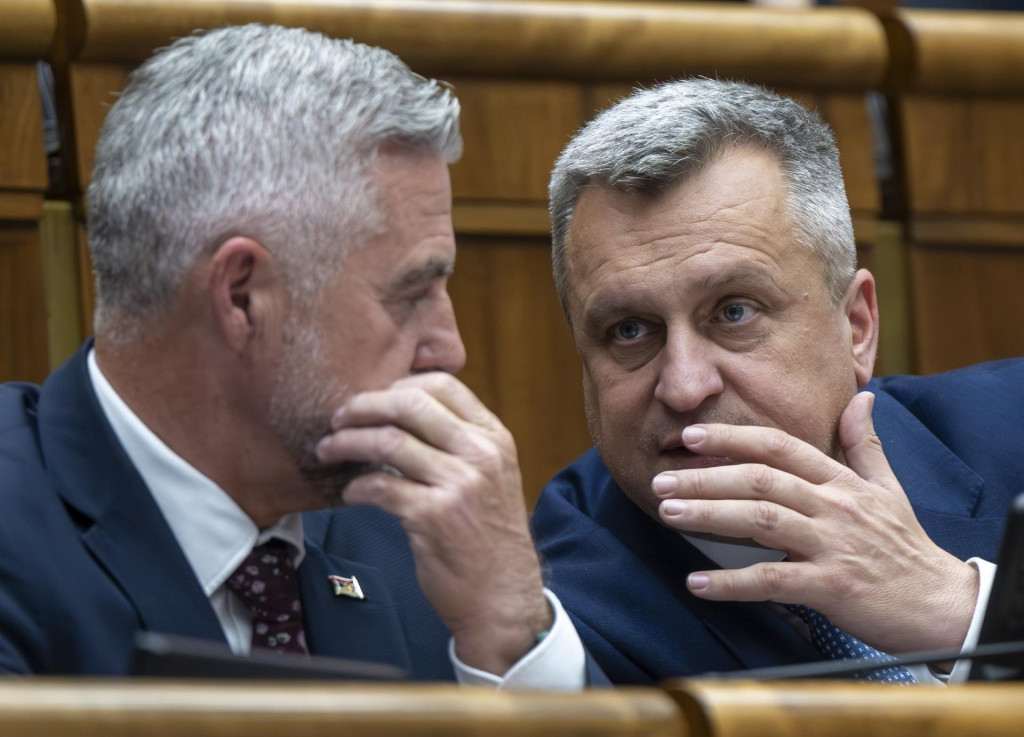 Podpredsedovia parlamentu zľava Tibor Ga&scaron;par (Smer-SD) a Andrej Danko (SNS) počas 52. sch&ocirc;dze N&aacute;rodnej rady. FOTO TASR/Martin Baumann