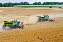 Na sn&iacute;mke kombajny počas žatvy ozimn&eacute;ho jačmeňa v obci Sokolce neďaleko Kom&aacute;rna. FOTO TASR/M. Drozd