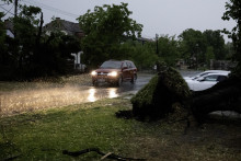 Na sn&iacute;mke vyvr&aacute;ten&yacute; strom po b&uacute;rke v obci Slovensk&yacute; Grob v roku 2025.