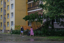 Ľudia prech&aacute;dzaj&uacute; okolo pol&aacute;man&yacute;ch stromov po silnej b&uacute;rke na Volgogradskej ulici v Pre&scaron;ov. FOTO: TASR/Veronika Mihalikov&aacute;