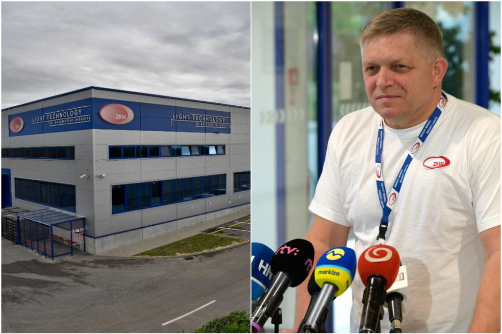 Zľava v&yacute;robn&aacute; hala spoločnosti ZKW Slovakia a predseda vl&aacute;dy Robert Fico po odpracovan&iacute; nočnej zmeny v tomto z&aacute;vode. FOTO: TASR/M. Palkovič, H. Mi&scaron;ovič