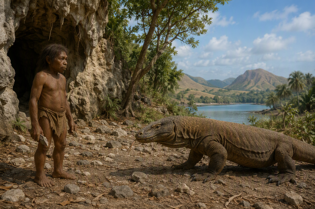 Ilustr&aacute;cia hobita Homo floresiensis a varana komodsk&eacute;ho. FOTO: ChatGPT