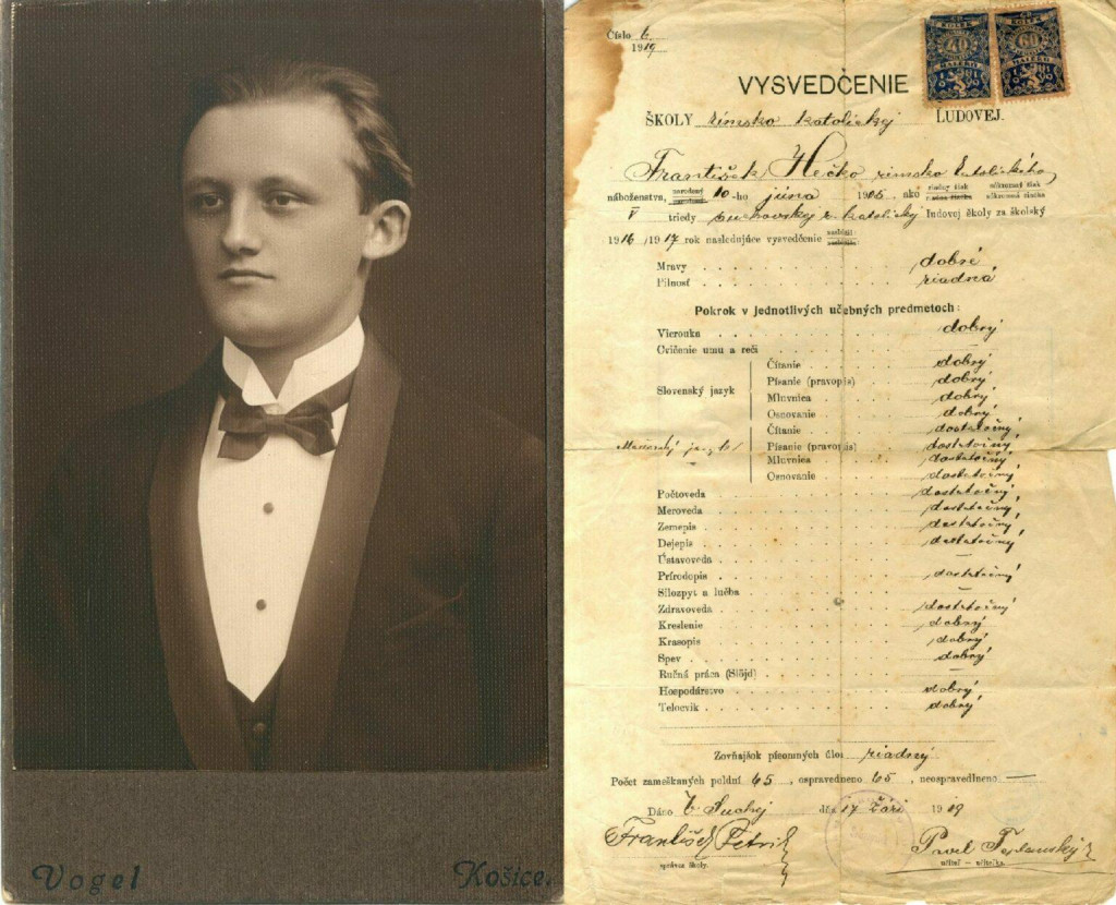 Franti&scaron;ek Hečko, v r. 1926 a vysvedčenie z 5. triedy r&iacute;msko-katol&iacute;ckej ľudovej &scaron;koly v Suchej z r. 1919. FOTO: DIKDA.EU