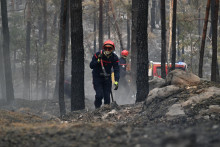 Hasič nesie hasičsk&uacute; hadicu po lesnom požiari v oblasti lesa Fontainebleau pri Par&iacute;ži v utorok 14. j&uacute;la 2026. FOTO: TASR/AP