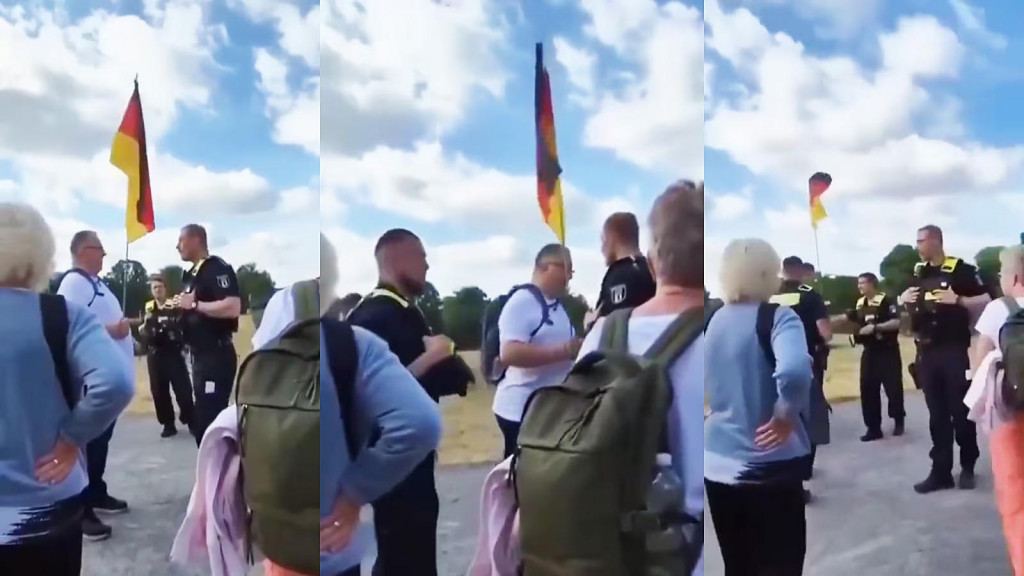 Pol&iacute;cia vyk&aacute;zala muža s nemeckou vlajkou. FOTO: X/@konecnar
