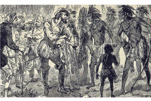 Prv&eacute; stretnutia &Scaron;panielov s domorodcami boli e&scaron;te vcelku pokojn&eacute;. T&aacute;to knižn&aacute; ilustr&aacute;cia z konca 19. storočia zobrazuje pri jednom z nich pr&aacute;ve Alonsa de Ojedu.