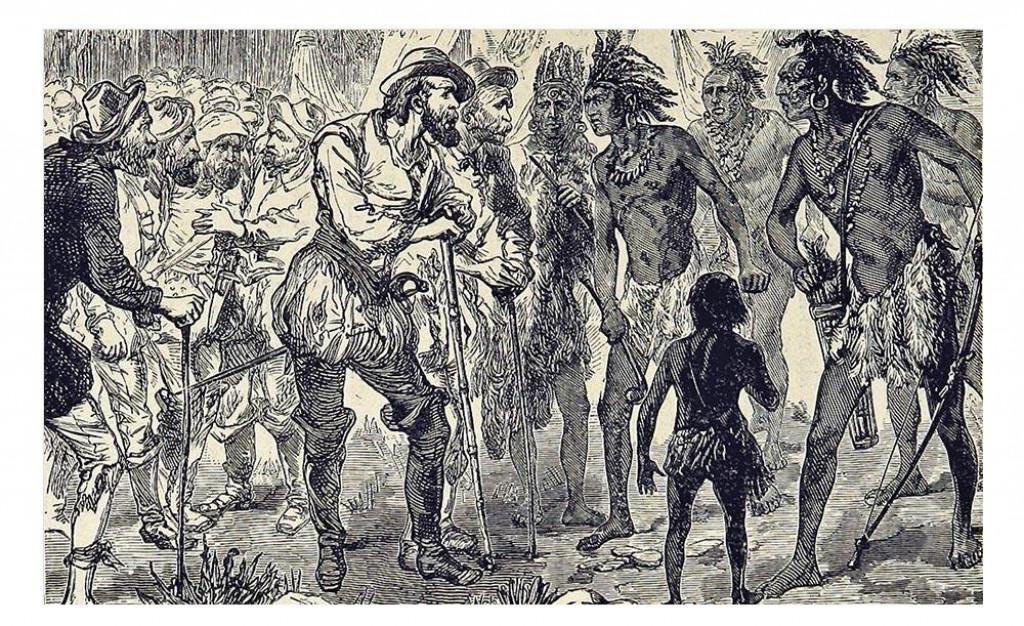 Prv&eacute; stretnutia &Scaron;panielov s domorodcami boli e&scaron;te vcelku pokojn&eacute;. T&aacute;to knižn&aacute; ilustr&aacute;cia z konca 19. storočia zobrazuje pri jednom z nich pr&aacute;ve Alonsa de Ojedu.
