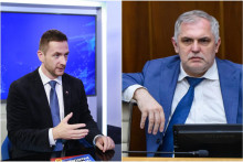 Zľava predseda hnutia Republika Milan Uhr&iacute;k a predseda poslaneck&eacute;ho klubu SNS Roman Michelko. FOTO: Miroslav Gruber, TASR/J. Nov&aacute;k