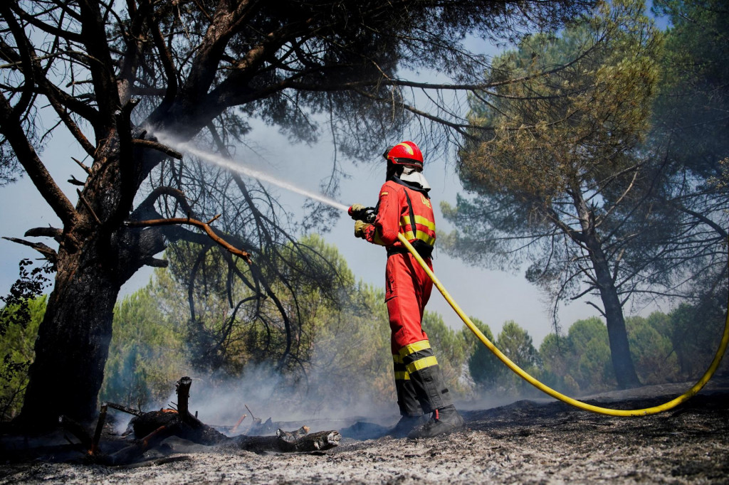 Pr&iacute;slu&scaron;n&iacute;k Vojenskej n&uacute;dzovej jednotky has&iacute; požiar v meste San Martin de Valdeiglesias neďaleko Madridu. FOTO: Reuters