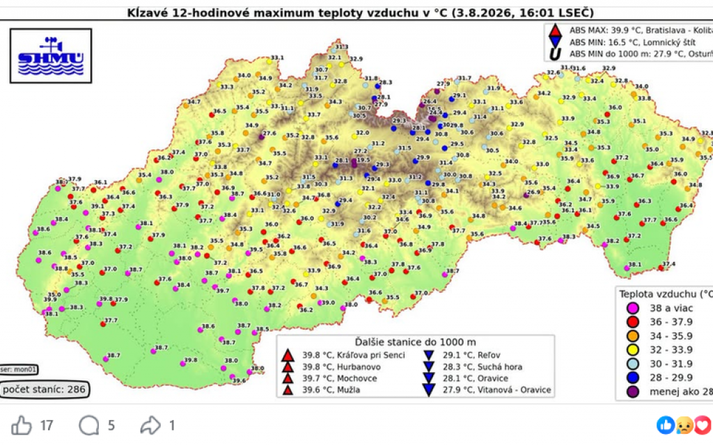Teploty na Slovensku. FOTO: SHM&Uacute;