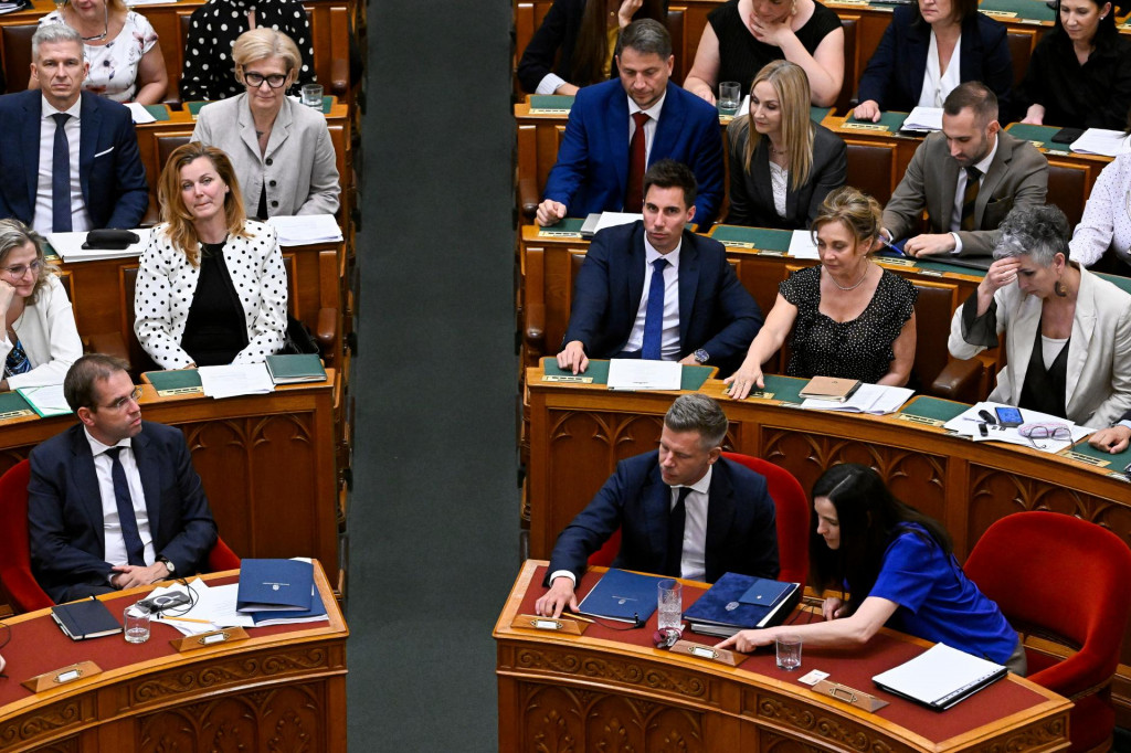 Na sn&iacute;mke maďarsk&yacute; premi&eacute;r P&eacute;ter Magyar (doln&yacute; rad druh&yacute; sprava) a &scaron;&eacute;fka maďarskej diplomacie Anita Orb&aacute;nov&aacute; (doln&yacute; rad vpravo). FOTO: TASR/AP