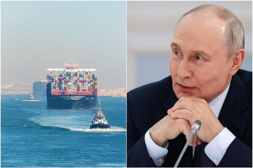 Veľk&aacute; kontajnerov&aacute; loď prech&aacute;dzaj&uacute;ca Suezsk&yacute;m prieplavom a rusk&yacute; prezident Vladimir Putin. FOTO: Dreamstime, TASR/AP, kol&aacute;ž HN