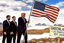 Umelo vytvoren&aacute; fotografia: americk&yacute; prezident Donald Trump s vlajkou USA v Gr&oacute;nsku. Spolu s n&iacute;m tam s&uacute; zrejme viceprezident J. D. Vance a minister zahraničia Marco Rubio. FOTO: Truth Social/Donald Trump