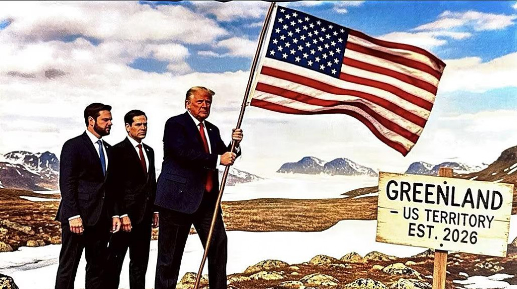 Umelo vytvoren&aacute; fotografia: americk&yacute; prezident Donald Trump s vlajkou USA v Gr&oacute;nsku. Spolu s n&iacute;m tam s&uacute; zrejme viceprezident J. D. Vance a minister zahraničia Marco Rubio. FOTO: Truth Social/Donald Trump