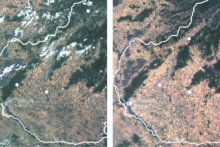 Porovnanie sn&iacute;mok zo satelitu Sentinel-3 z 15. augusta 2025 a 15. augusta 2026. ZDROJ: Geografick&yacute; &uacute;stav SAV