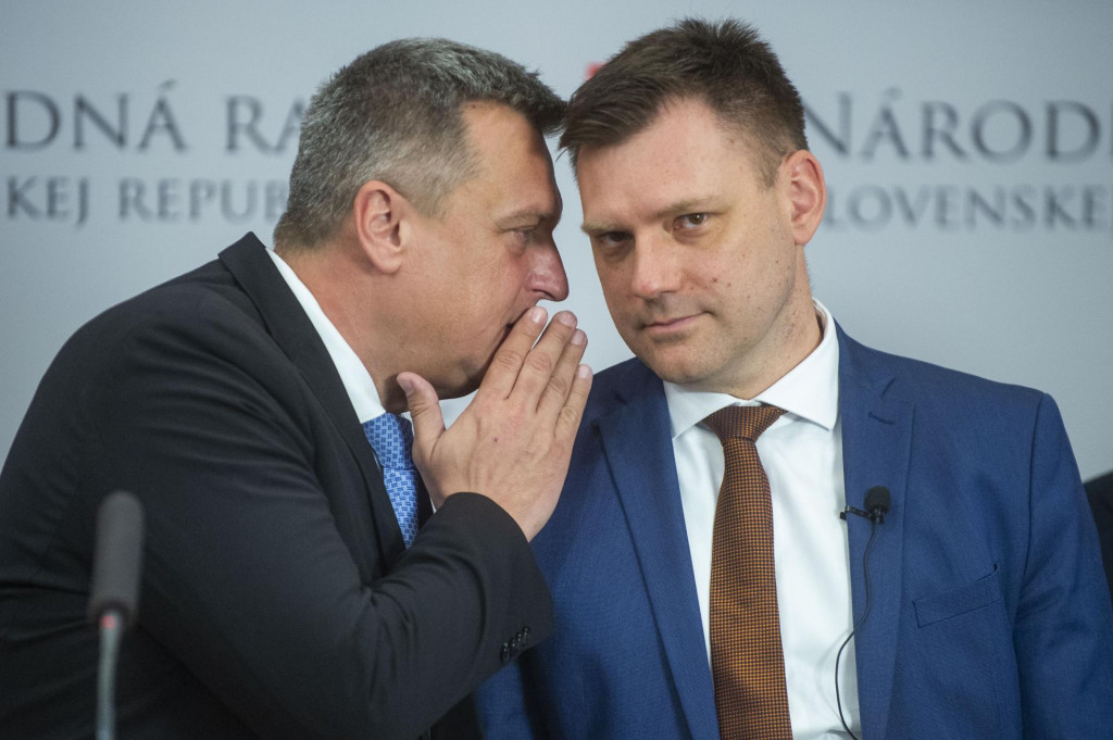 Podpredseda vl&aacute;dy a minister životn&eacute;ho prostredia Tom&aacute;&scaron; Taraba (nominant SNS) a podpredseda N&aacute;rodnej rady a predseda SNS Andrej Danko (SNS). FOTO: TASR/Jakub Kotian
