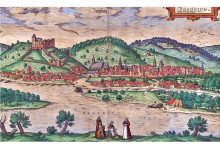 Zobrazenie Bratislavy v knihe Civitates orbis terrarum (Mest&aacute; sveta) z roku 1594.