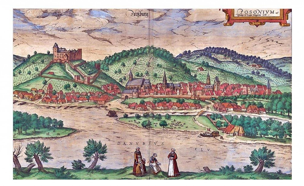Zobrazenie Bratislavy v knihe Civitates orbis terrarum (Mest&aacute; sveta) z roku 1594.