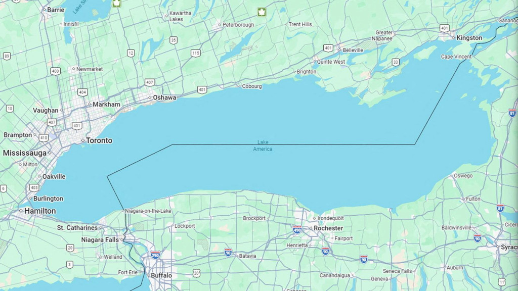 Mapa zobrazuj&uacute;ca n&aacute;zov Lake America namiesto Lake Ontario. FOTO: Reuters/Google