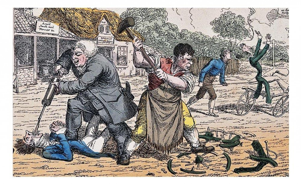 Na tejto britskej grafike (farebn&yacute; lept od C. Williamsa) z roku 1819 je zobrazen&yacute; dedinsk&yacute; veterin&aacute;r a kov&aacute;č, ako nap&aacute;daj&uacute; bicyklistov a ničia im velocip&eacute;dy, z obavy, že nov&yacute; dopravn&yacute; prostriedok nahrad&iacute; kone a oni pr&iacute;du o obživu.