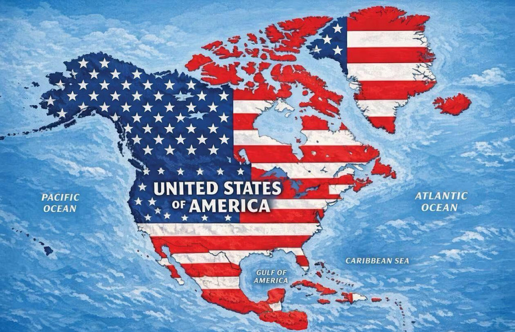 Donald Trump vymaľoval Severn&uacute;, Stredn&uacute; Ameriku a aj Gr&oacute;nsko a Island do farieb americkej vlajky. FOTO: truthsocial.com/@realDonaldTrump